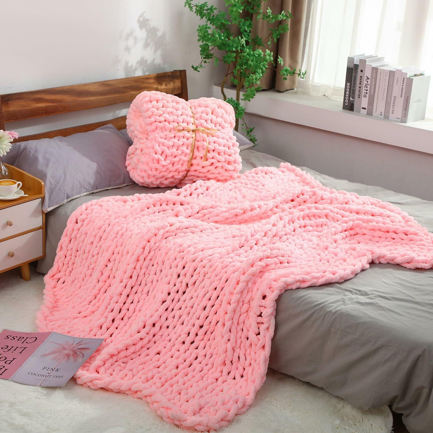 Hahafelt Chunky Knit Chenille Blanket 50x60 Pink 2 Pcs Throw Soft Washable