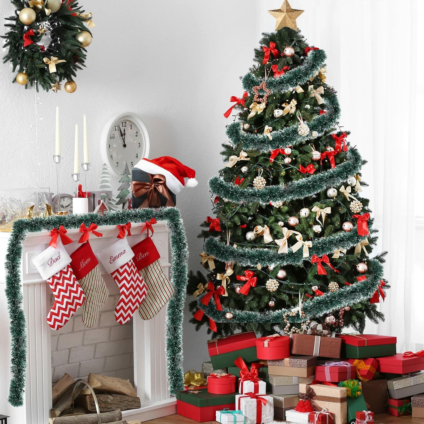 50Ft Christmas Tinsel Garland Green Metallic Twist Holiday Tree Decor