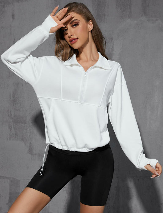 Womens Half Zip Pullover Sweatshirt White Fleece Crop Top with Pocket Size XL