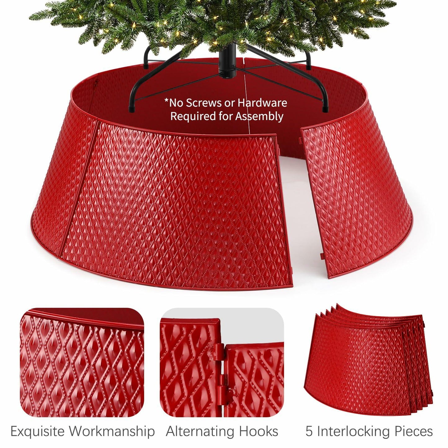 Hatisan Red Metal Christmas Tree Collar Basket Skirt 28'' Indoor Outdoor