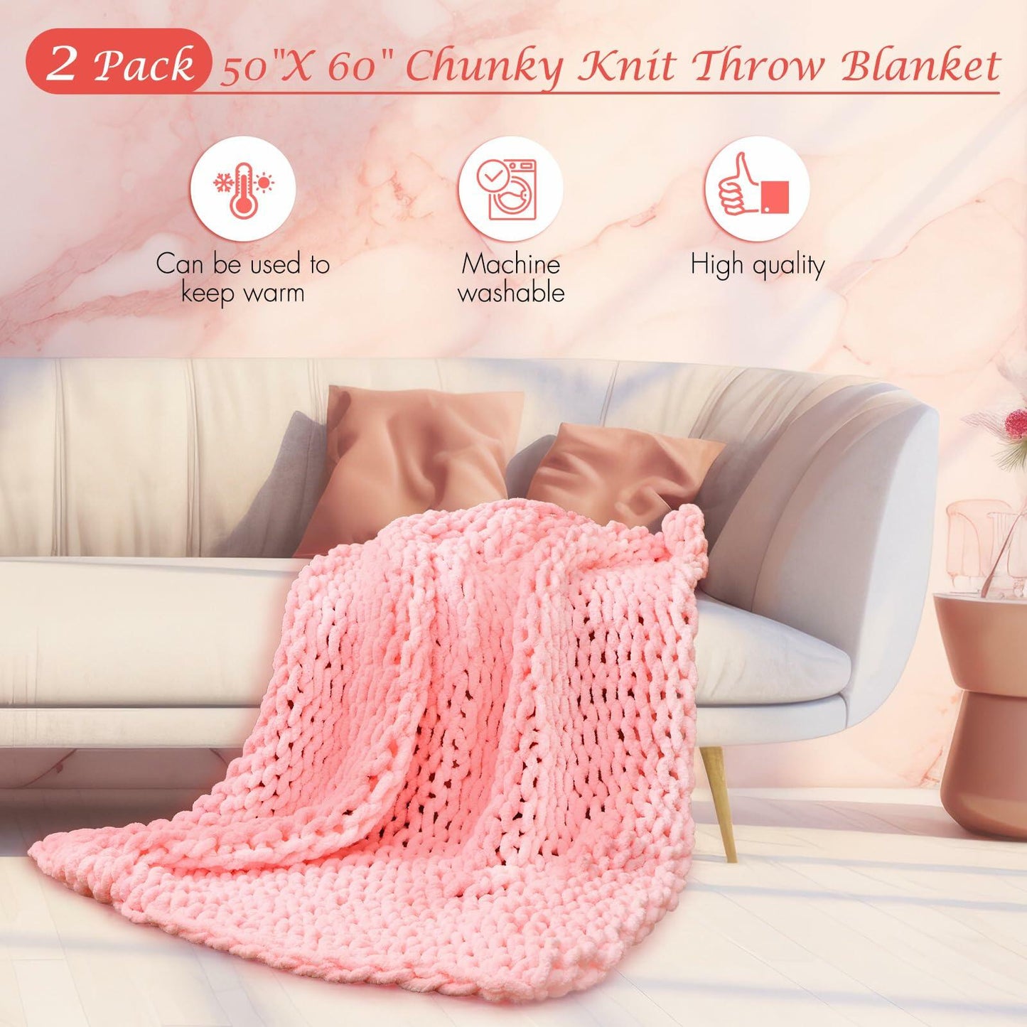 Hahafelt Chunky Knit Chenille Blanket 50x60 Pink 2 Pcs Throw Soft Washable