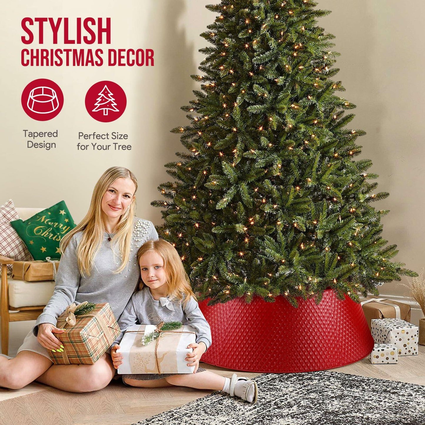 Hatisan Red Metal Christmas Tree Collar Basket Skirt 28'' Indoor Outdoor