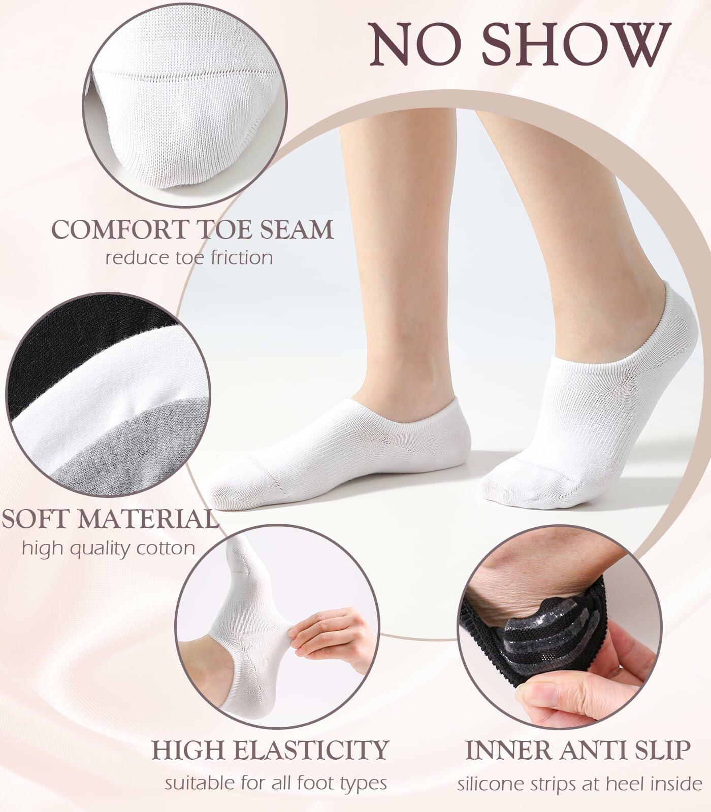 Breslatte No Show Socks Womens Men Soft Cotton Nonslip 6pairs Black Grey White S