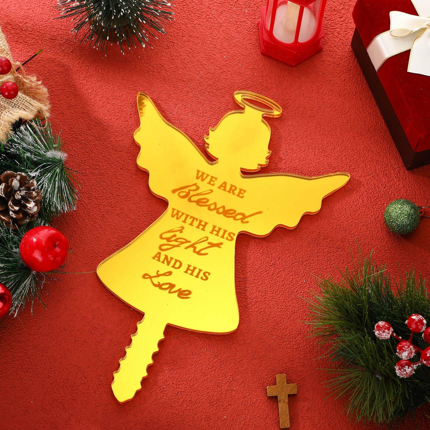 Gerrii Angel Christmas Tree Topper Praying Gold Acrylic Xmas Decor