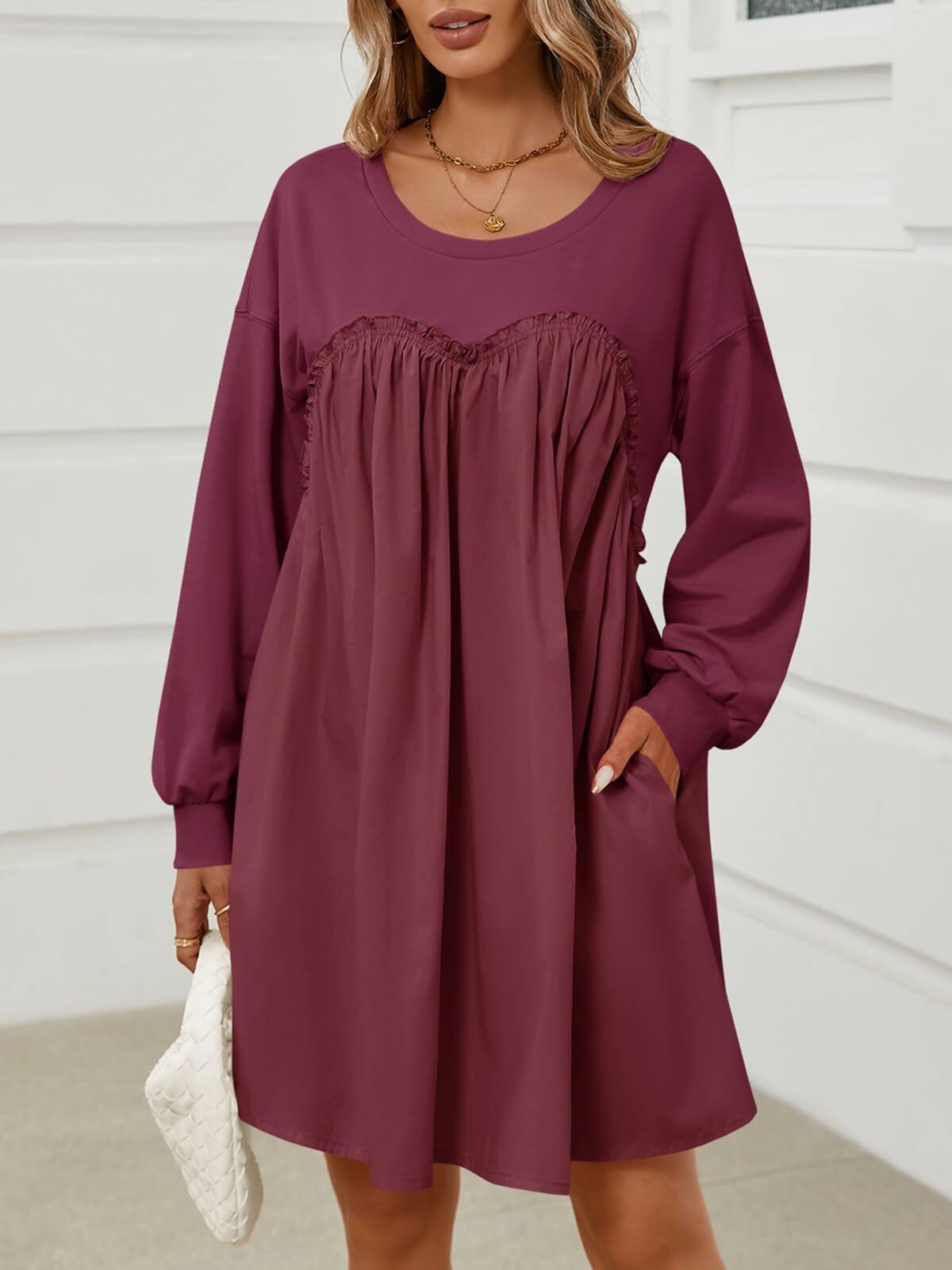 Wenrine Womens Long Sleeve Sweatshirt Dress Patchwork Wine Red S