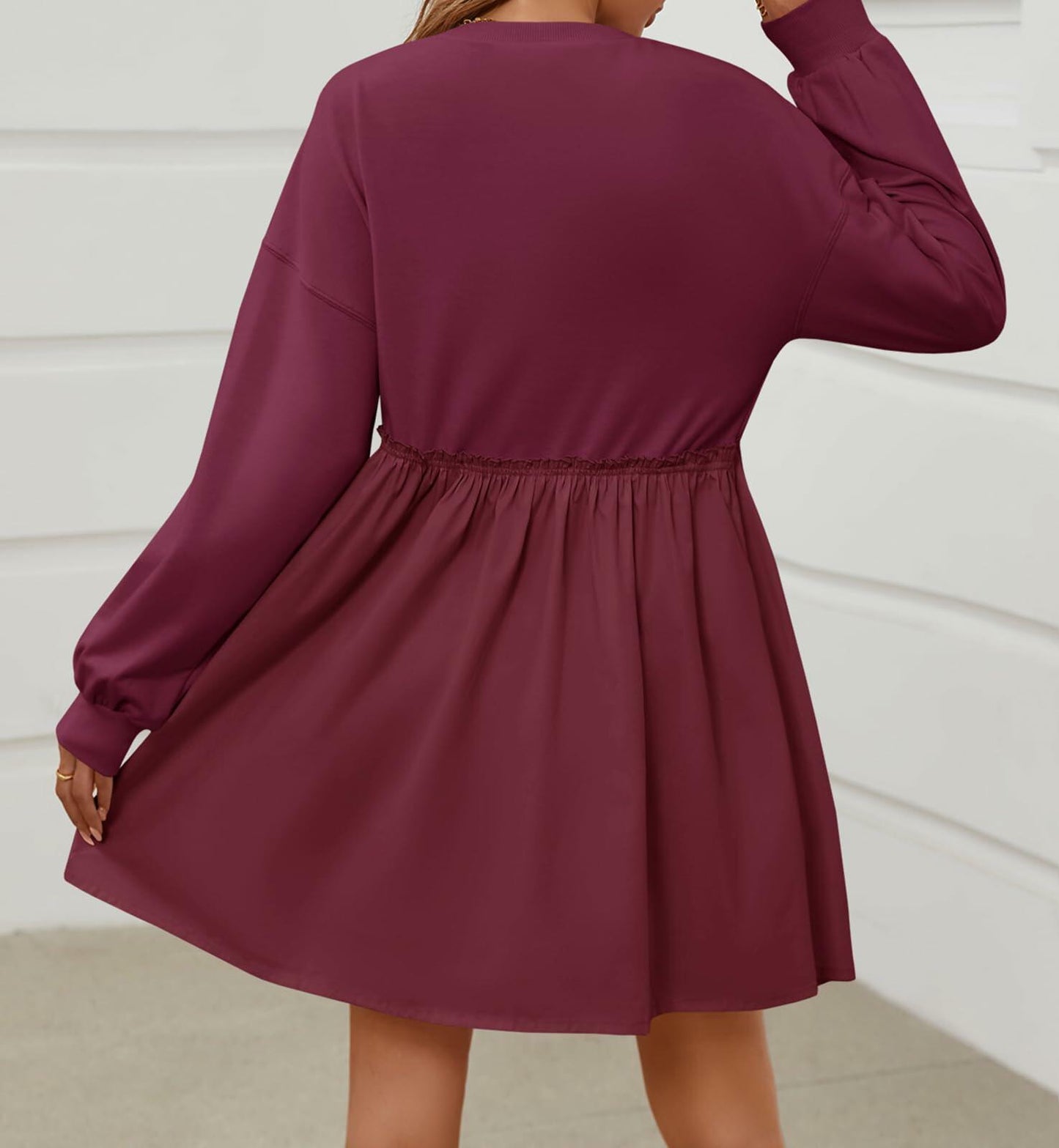 Wenrine Womens Long Sleeve Sweatshirt Dress Patchwork Wine Red S