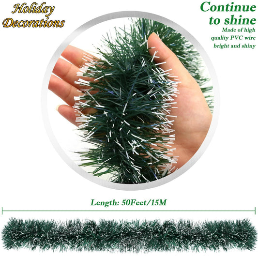50Ft Christmas Tinsel Garland Green Metallic Twist Holiday Tree Decor