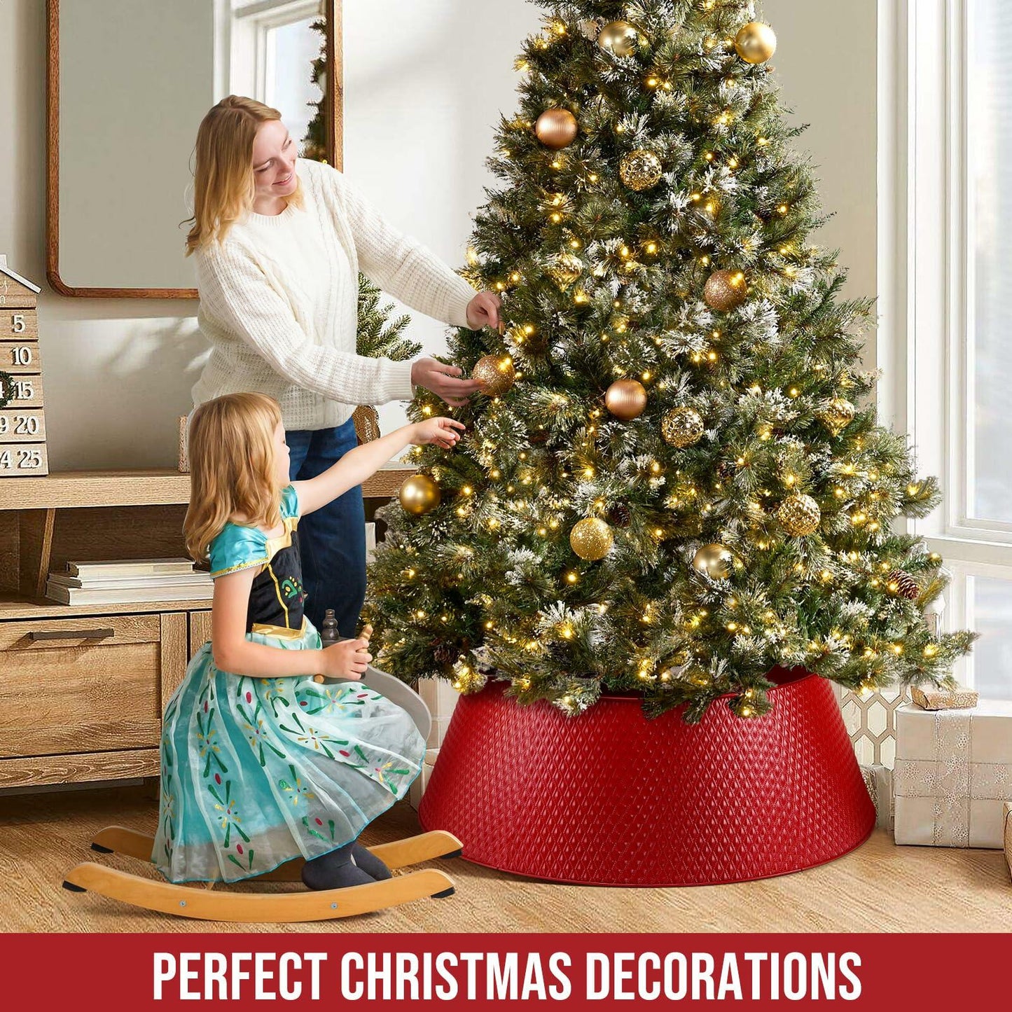 Hatisan Red Metal Christmas Tree Collar Basket Skirt 28'' Indoor Outdoor