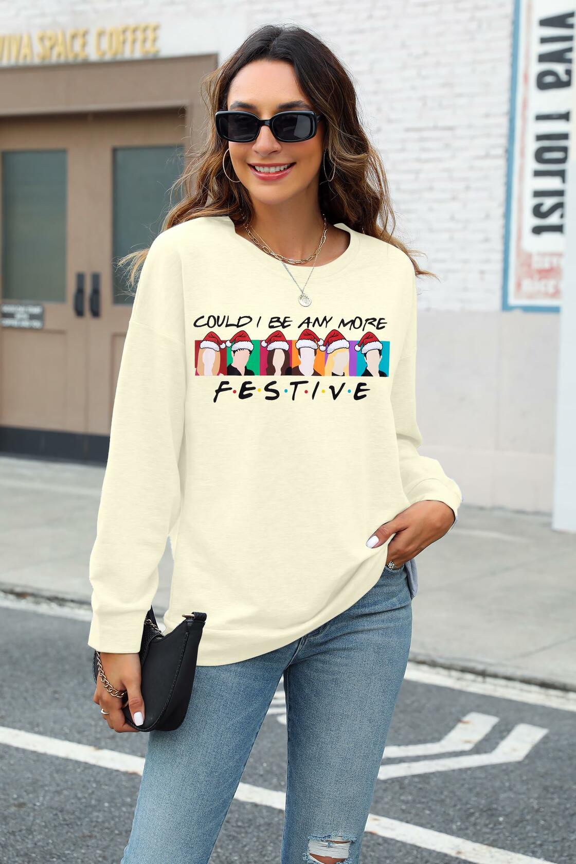 FASHGL Christmas Friends Sweatshirt Women Long Sleeve Apricot