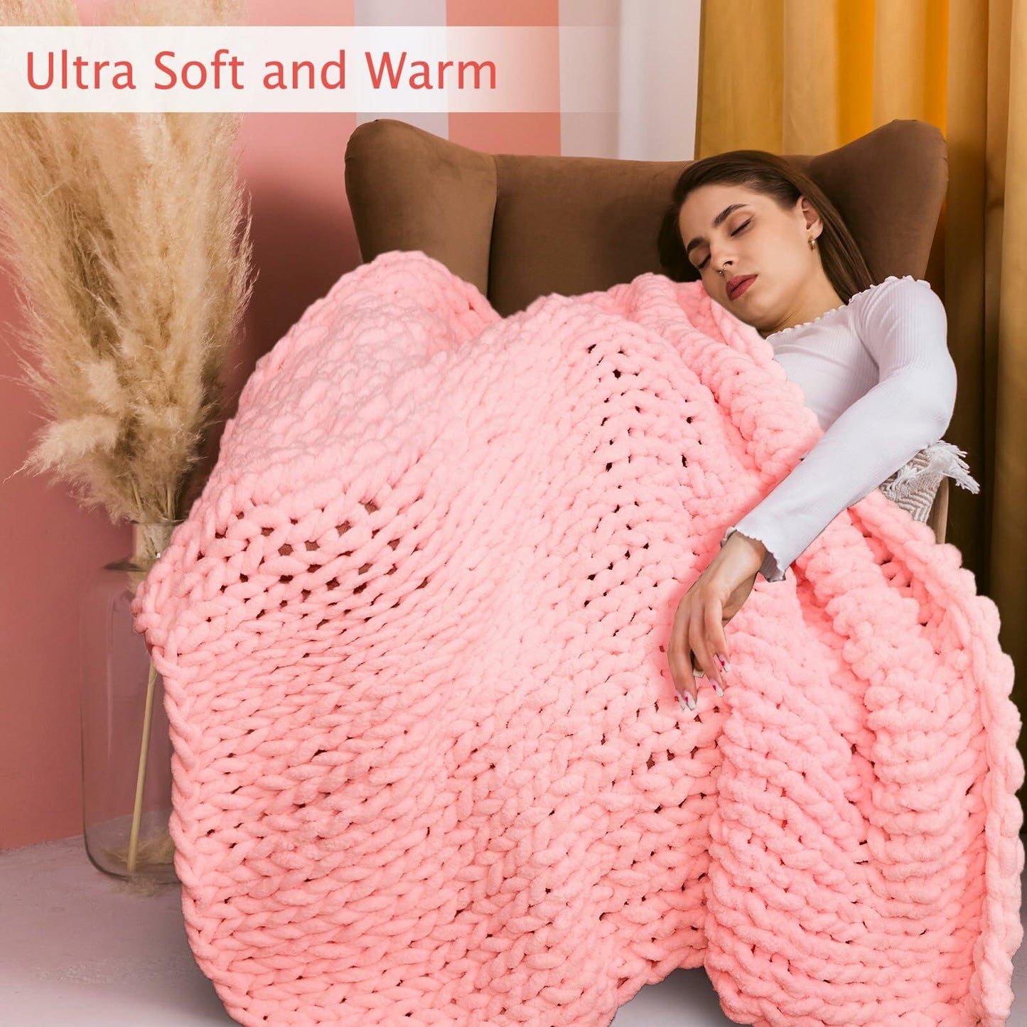 Hahafelt Chunky Knit Chenille Blanket 50x60 Pink 2 Pcs Throw Soft Washable