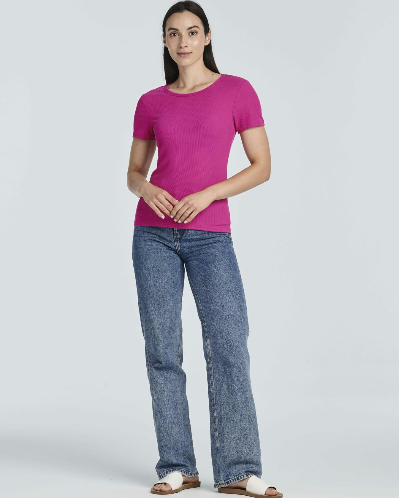 Real Essentials Women's Ribbed Knit Crew Neck T-Shirt Short Sleeve 4 Pack
