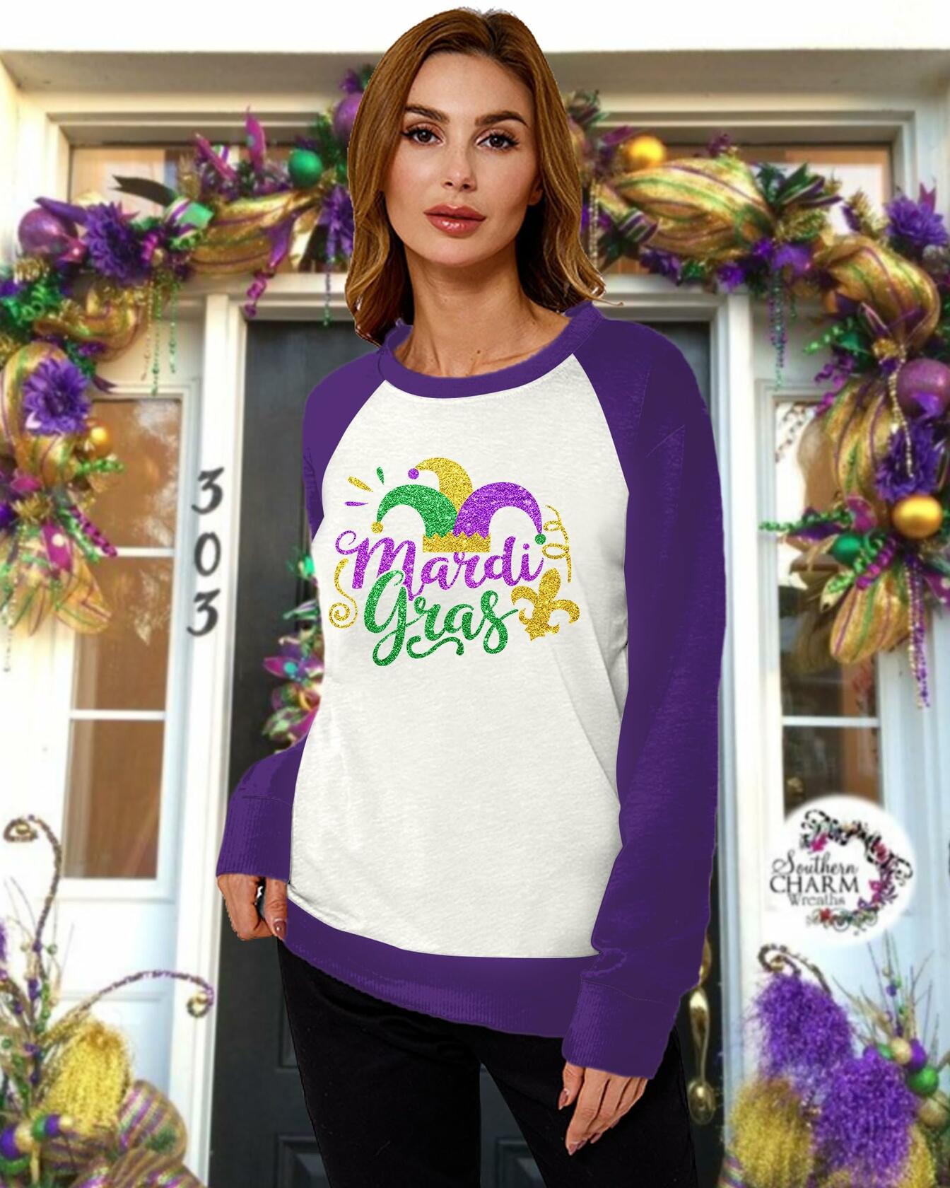 Mardi Gras Sweatshirt Women Long Sleeve Carnival Outfit White Size M