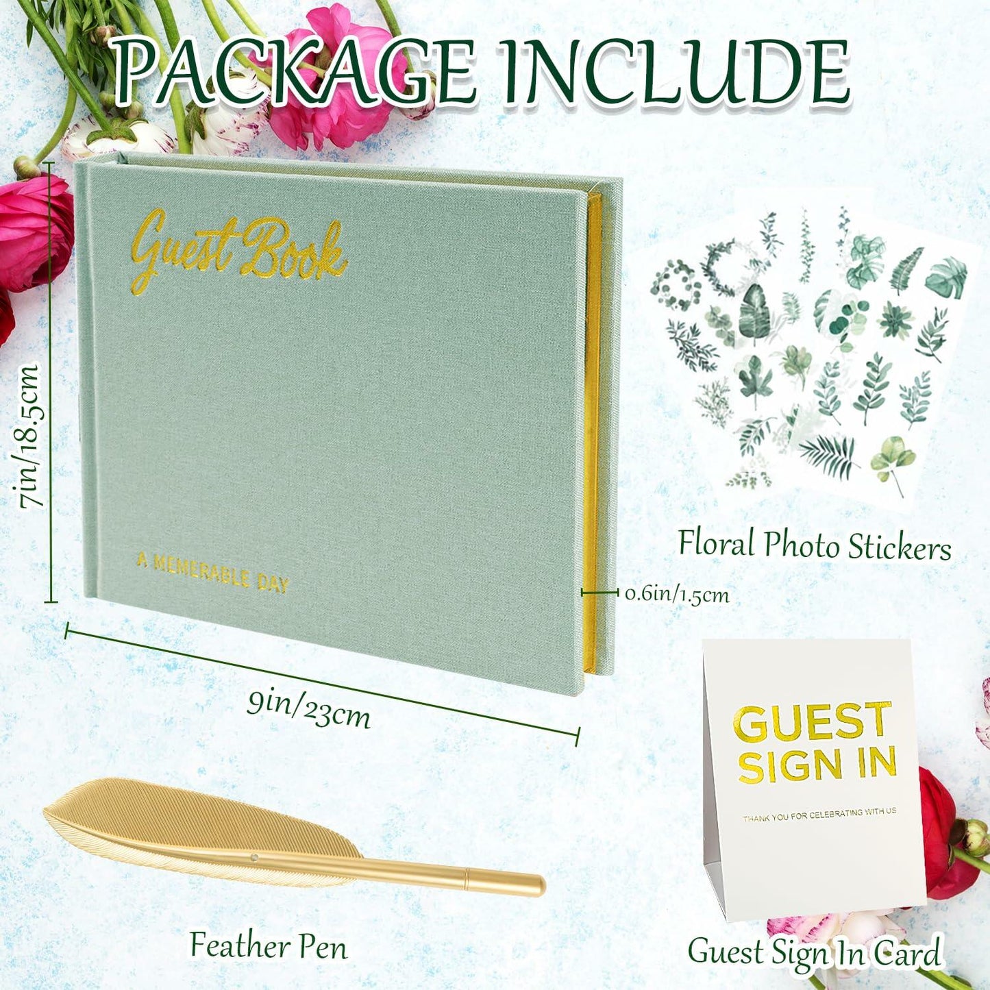 4 in 1 Wedding Guest Book Linen Cover with Pen, Sign Card & Stickers White