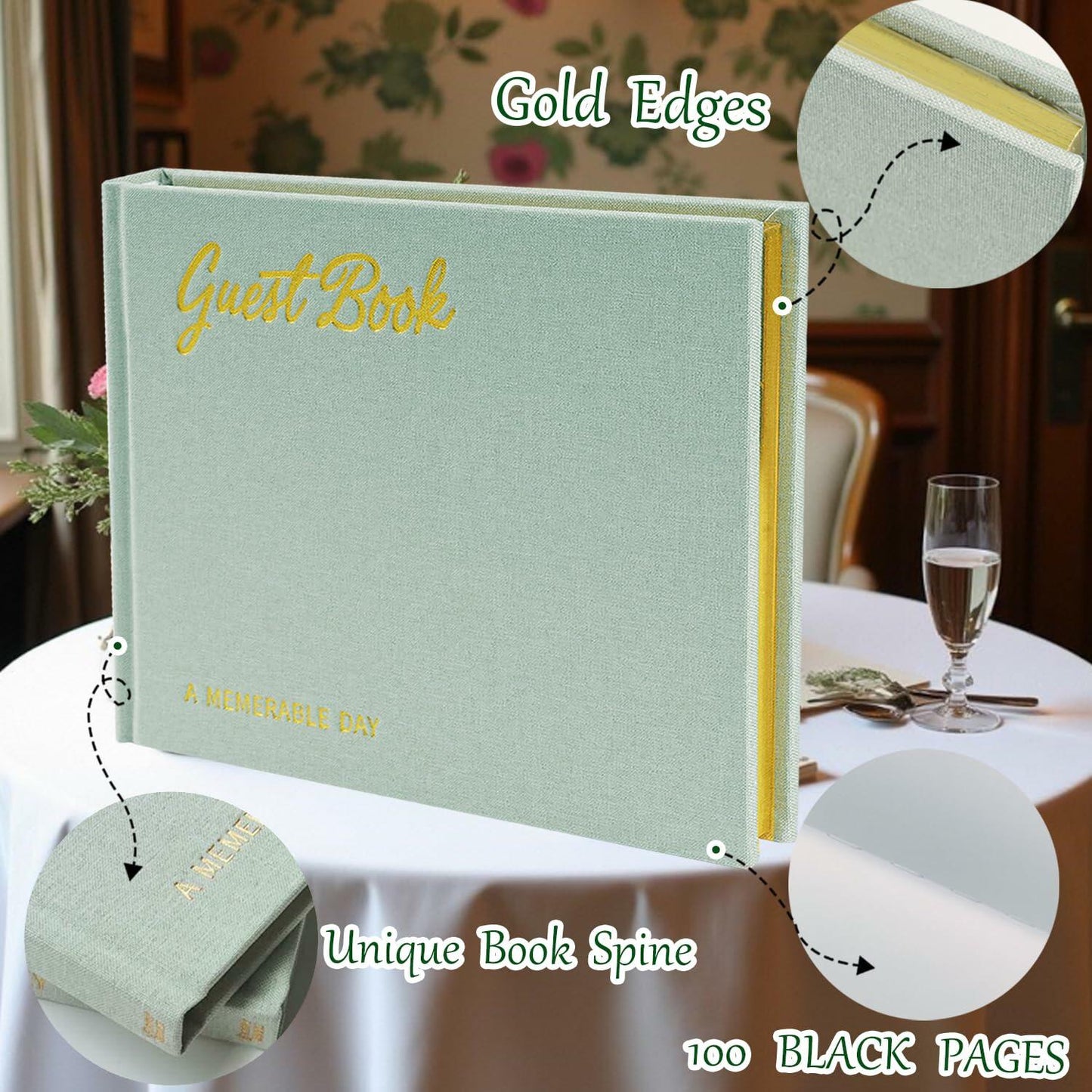 4 in 1 Wedding Guest Book Linen Cover with Pen, Sign Card & Stickers White