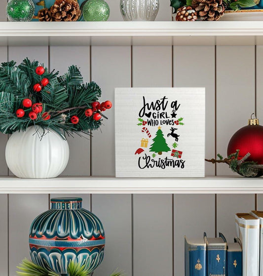 Absnfatu Christmas Wooden Box Sign Just a Girl Who Loves Christmas 5x5 Inch