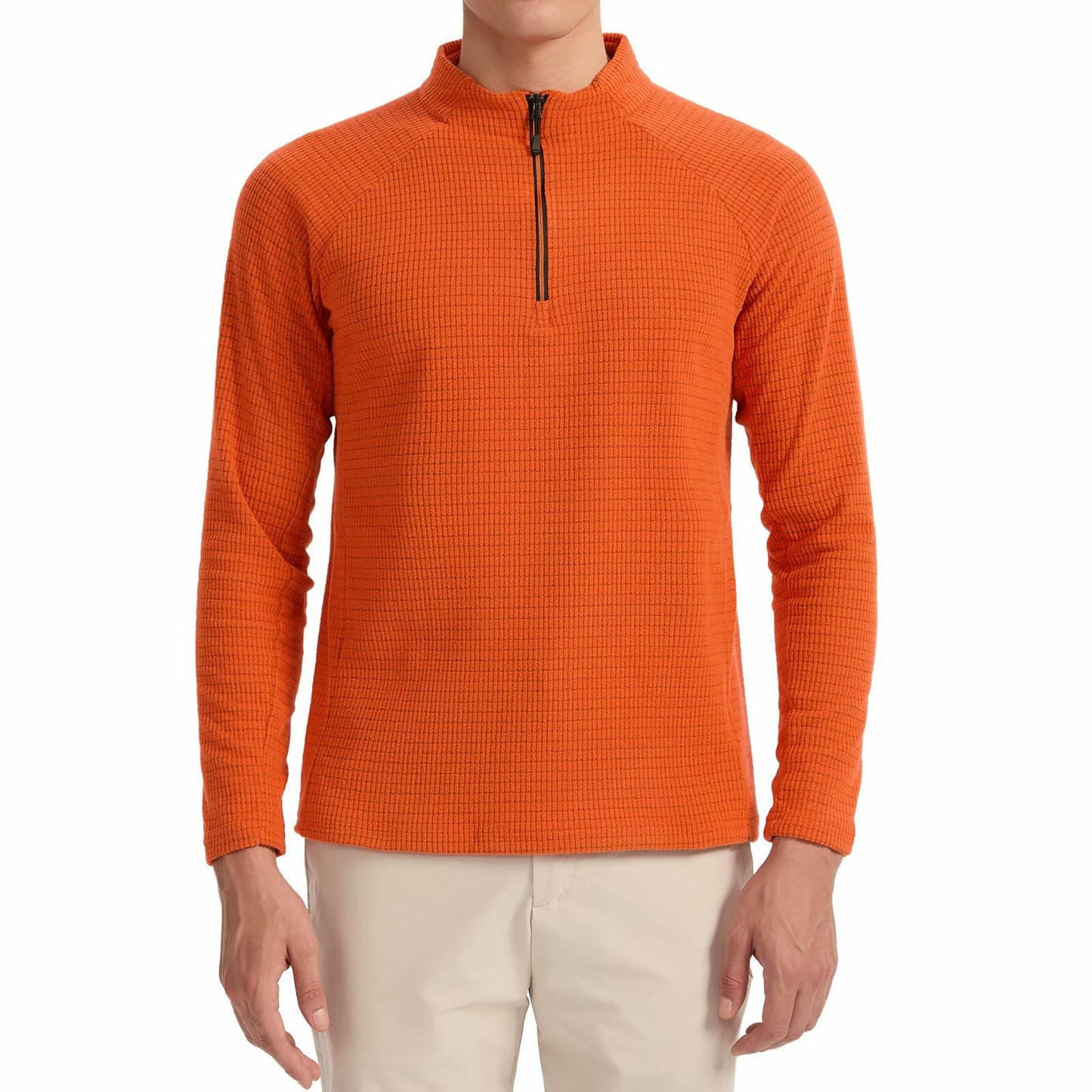 Men's Waffle Quarter Zip Pullover Shirt Mock Neck Sweatshirt Orange Size M