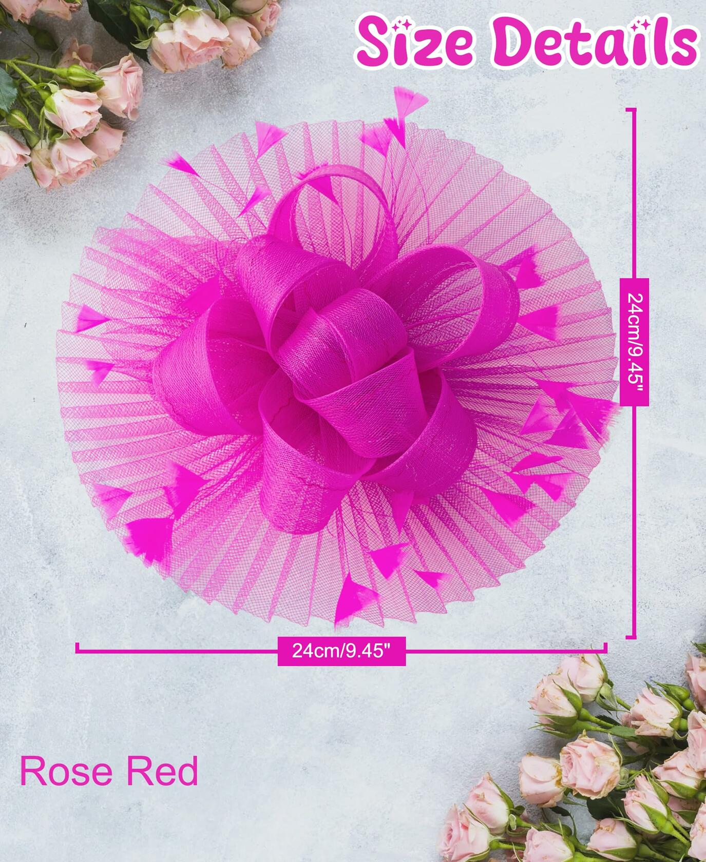 Kidukso Fascinator Hat Women Derby Feather Mesh Headband Rose Red