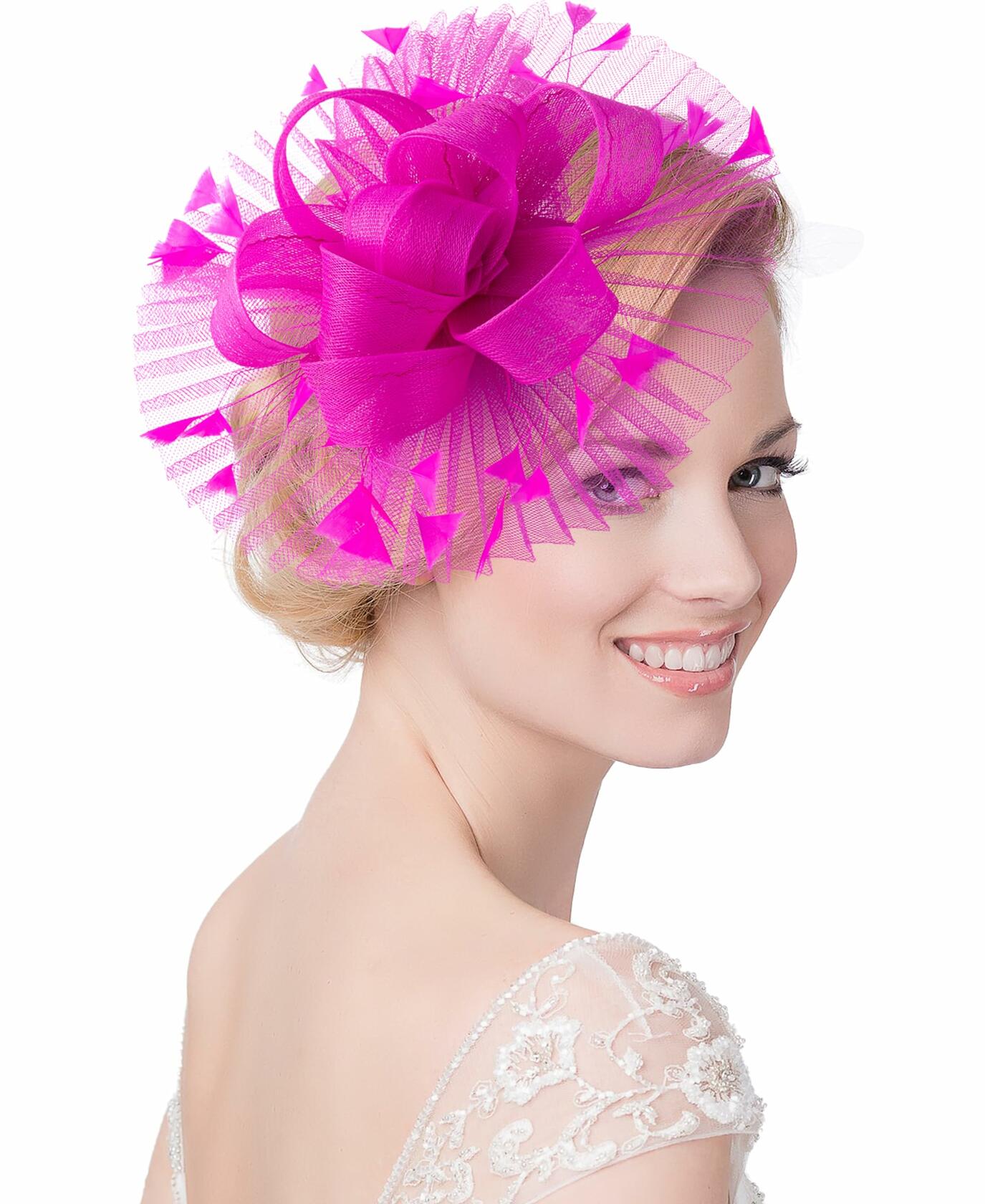 Kidukso Fascinator Hat Women Derby Feather Mesh Headband Rose Red
