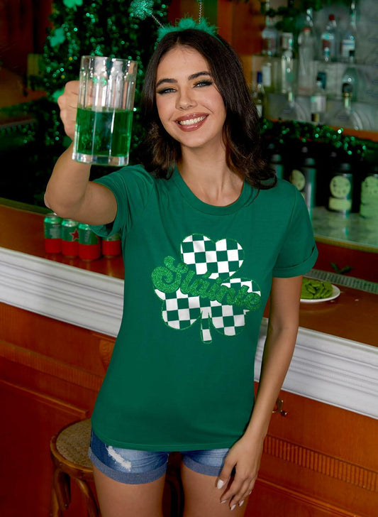 Women's St Patricks Holiday Loose Fit Irish Clover Glitter Crewneck Shirt XL