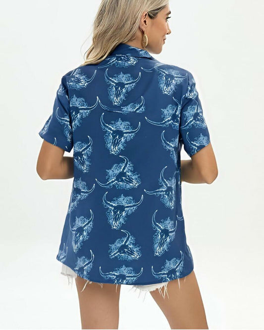 Cow Skull Shirt Women Vintage Western Boho Graphic Tee Short Sleeve Blue M