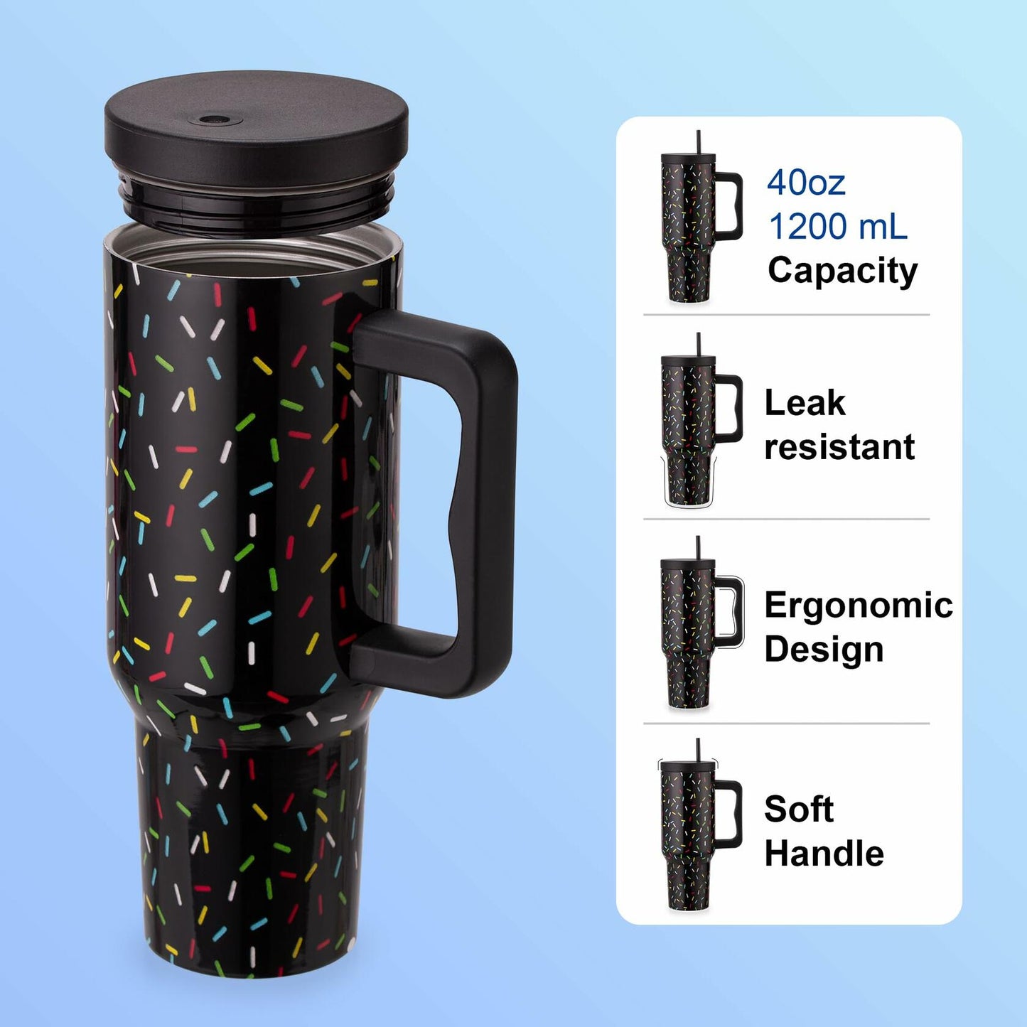 40 oz Colored Confetti Insulated Stainless Steel Tumbler with Handle & Straw