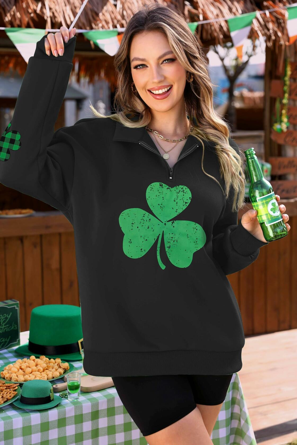 ALIREVERIE Womens St Patricks Clover Oversized Quarter Zipper Sweatshirt Size S