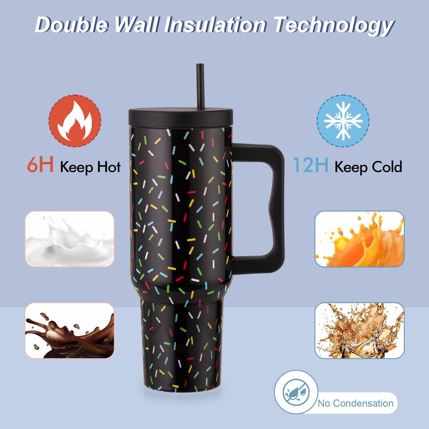 40 oz Colored Confetti Insulated Stainless Steel Tumbler with Handle & Straw