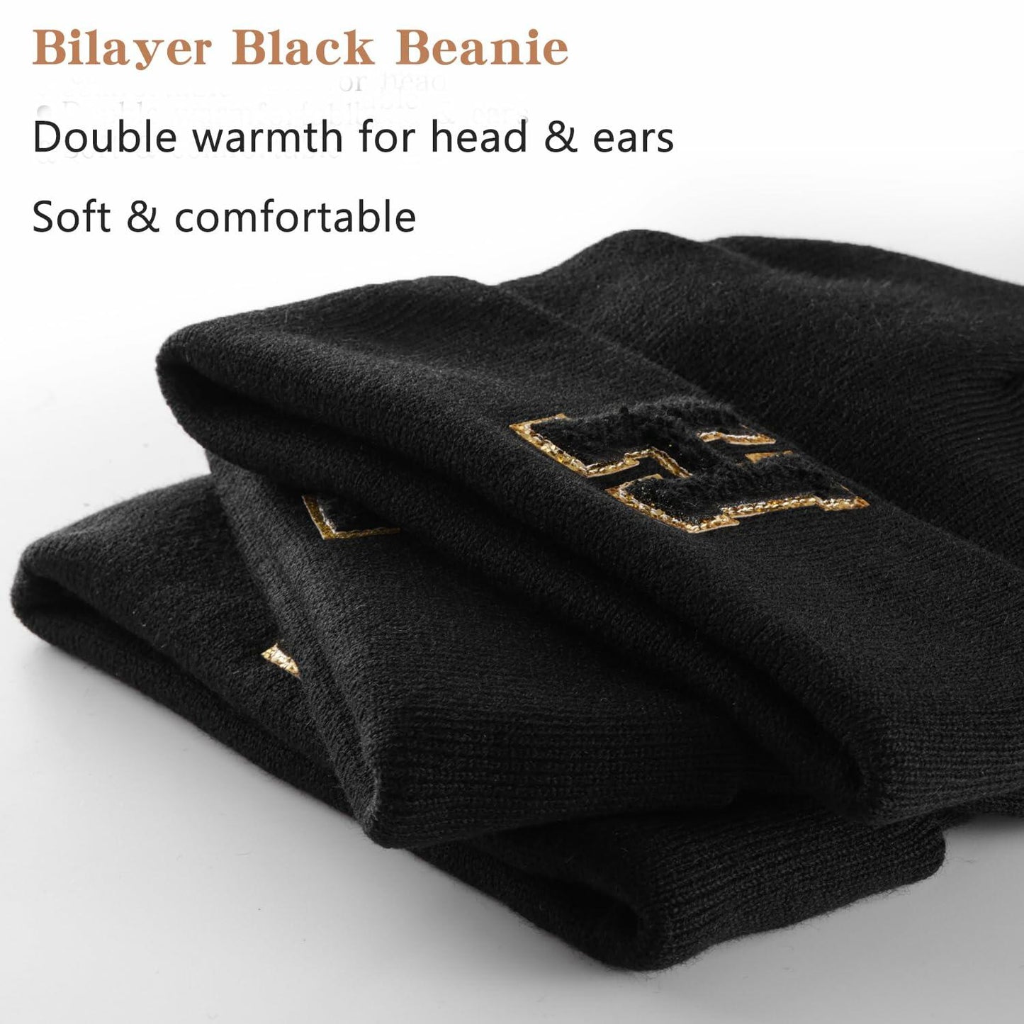 Lightbird Initials Beanie Winter Hat Black for Women Teens