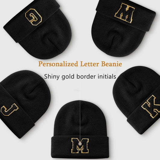 Lightbird Initials Beanie Winter Hat Black for Women Teens