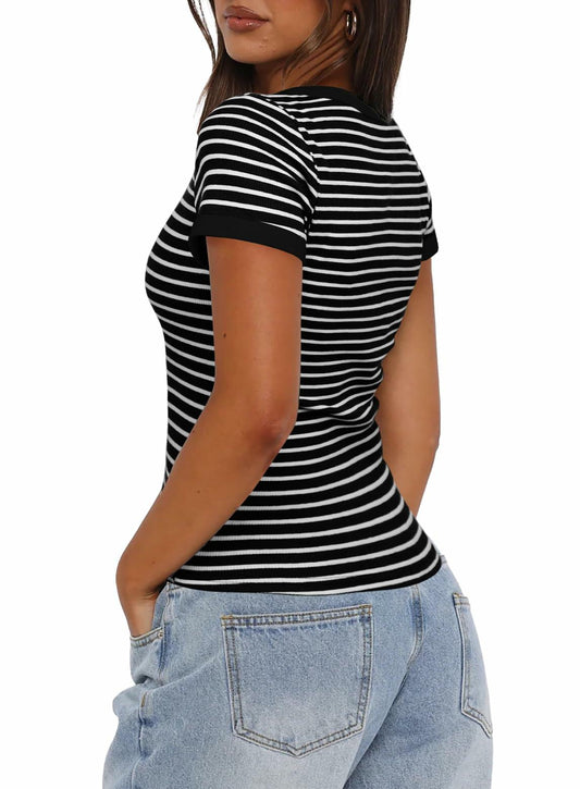 Darong Women Summer Striped Ribbed Knit Scoop Neck Tee Black White Size XS