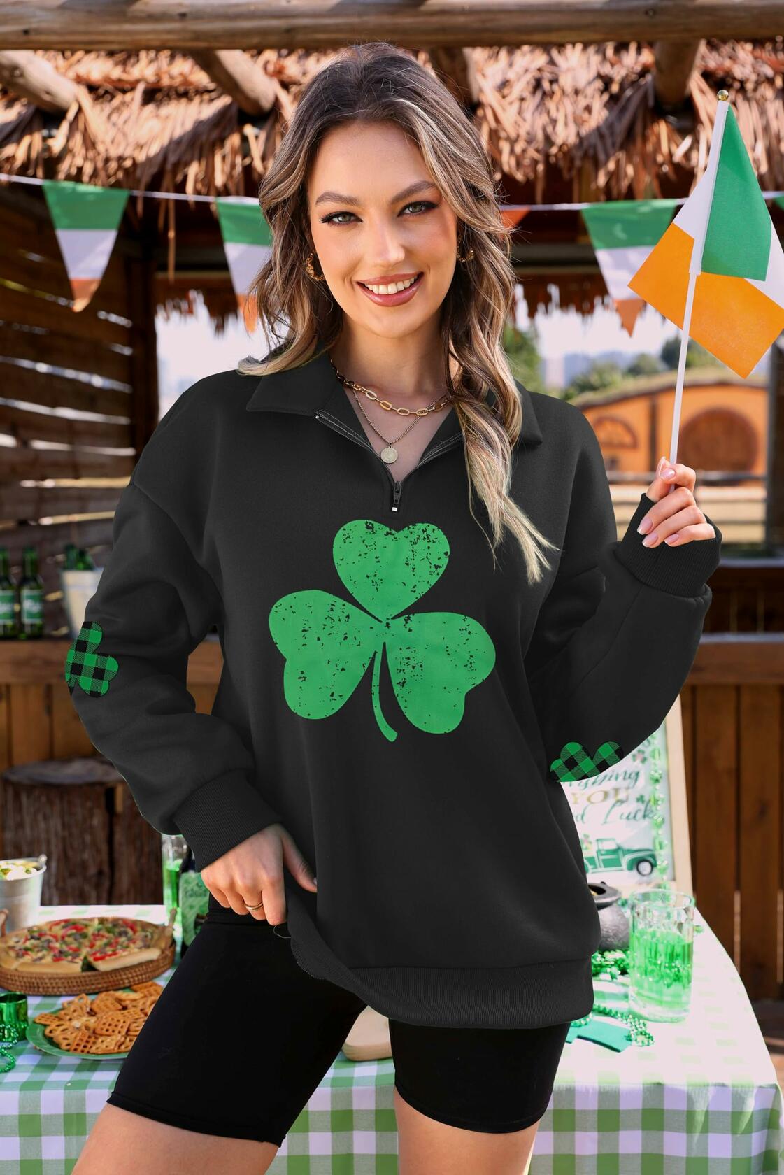 ALIREVERIE Womens St Patricks Clover Oversized Quarter Zipper Sweatshirt Size S