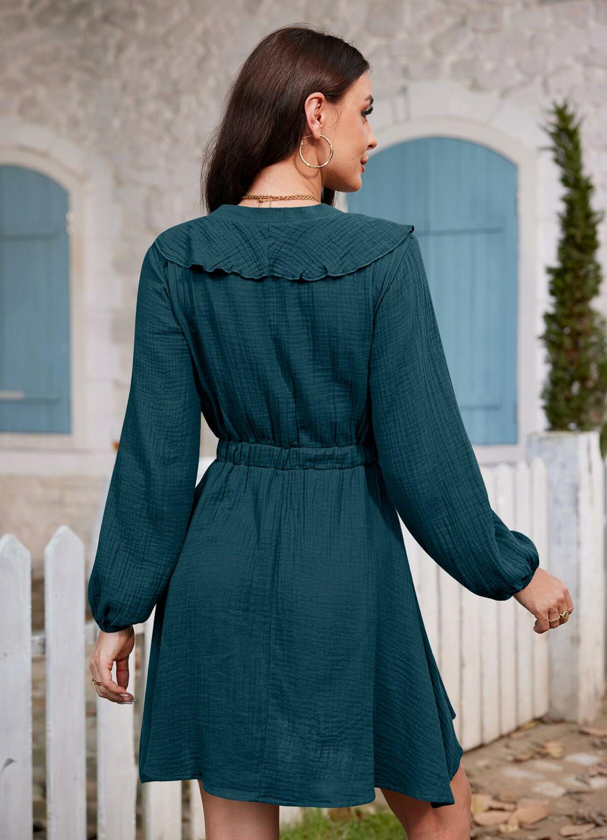 Women Autumn A Line V Neck Long Sleeve Textured Waistband Dress Royal Size M