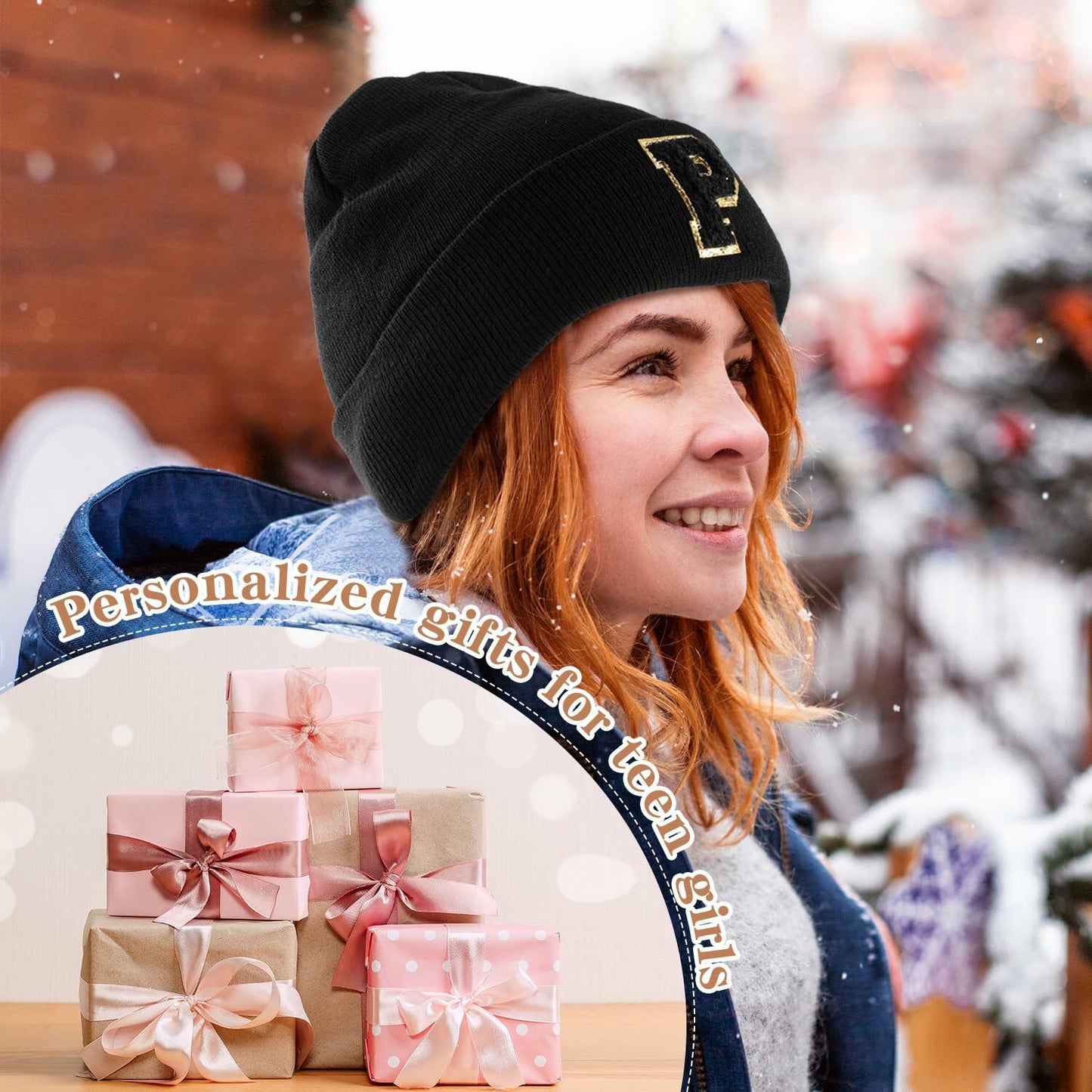 Lightbird Initials Beanie Winter Hat Black for Women Teens