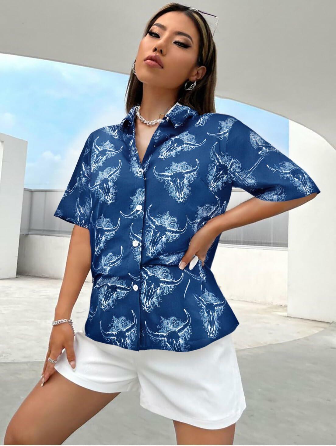 Cow Skull Shirt Women Vintage Western Boho Graphic Tee Short Sleeve Blue M