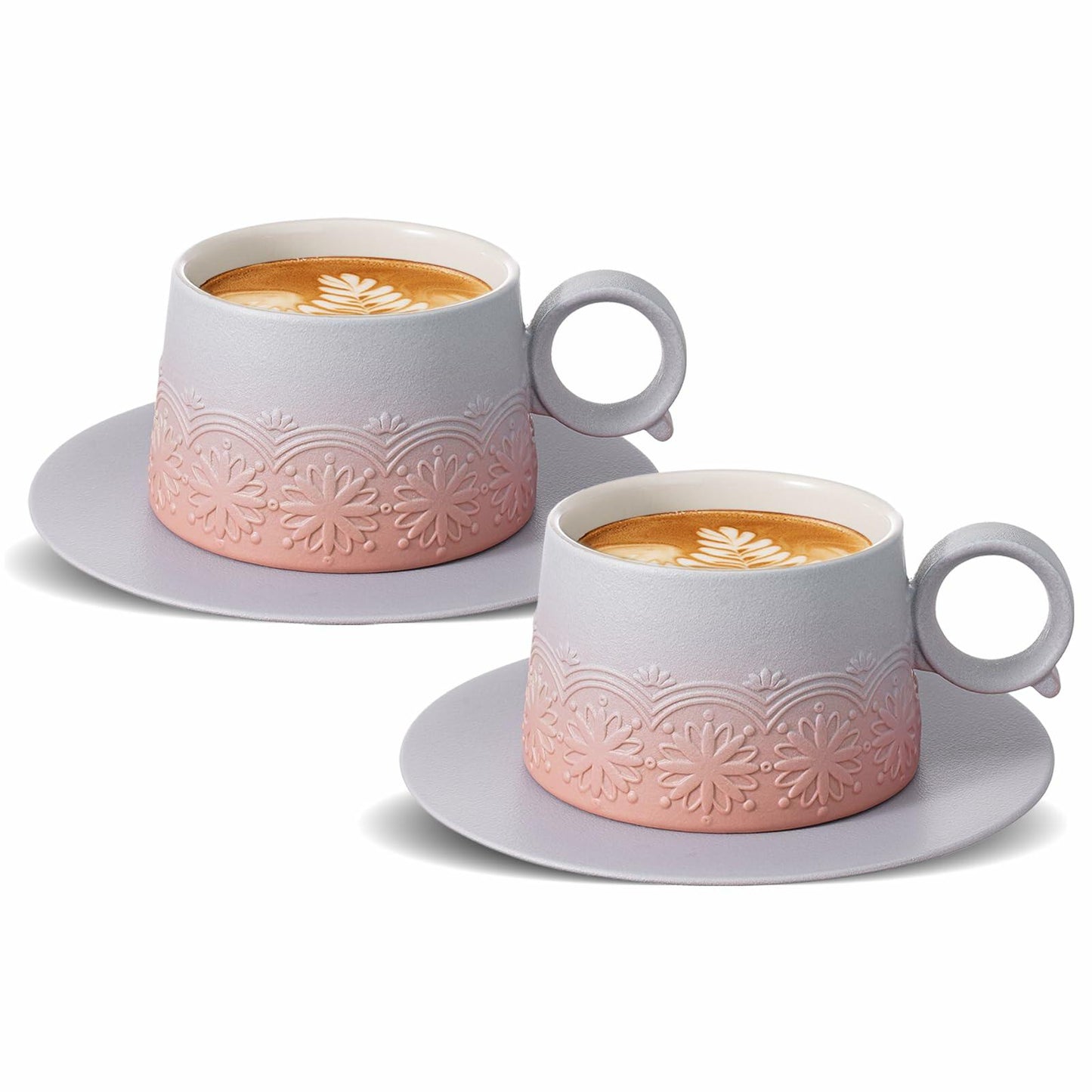 ZENS Ceramic Cappuccino Cups Set 2 Grey Pink 7.3oz Embossed Ceramic