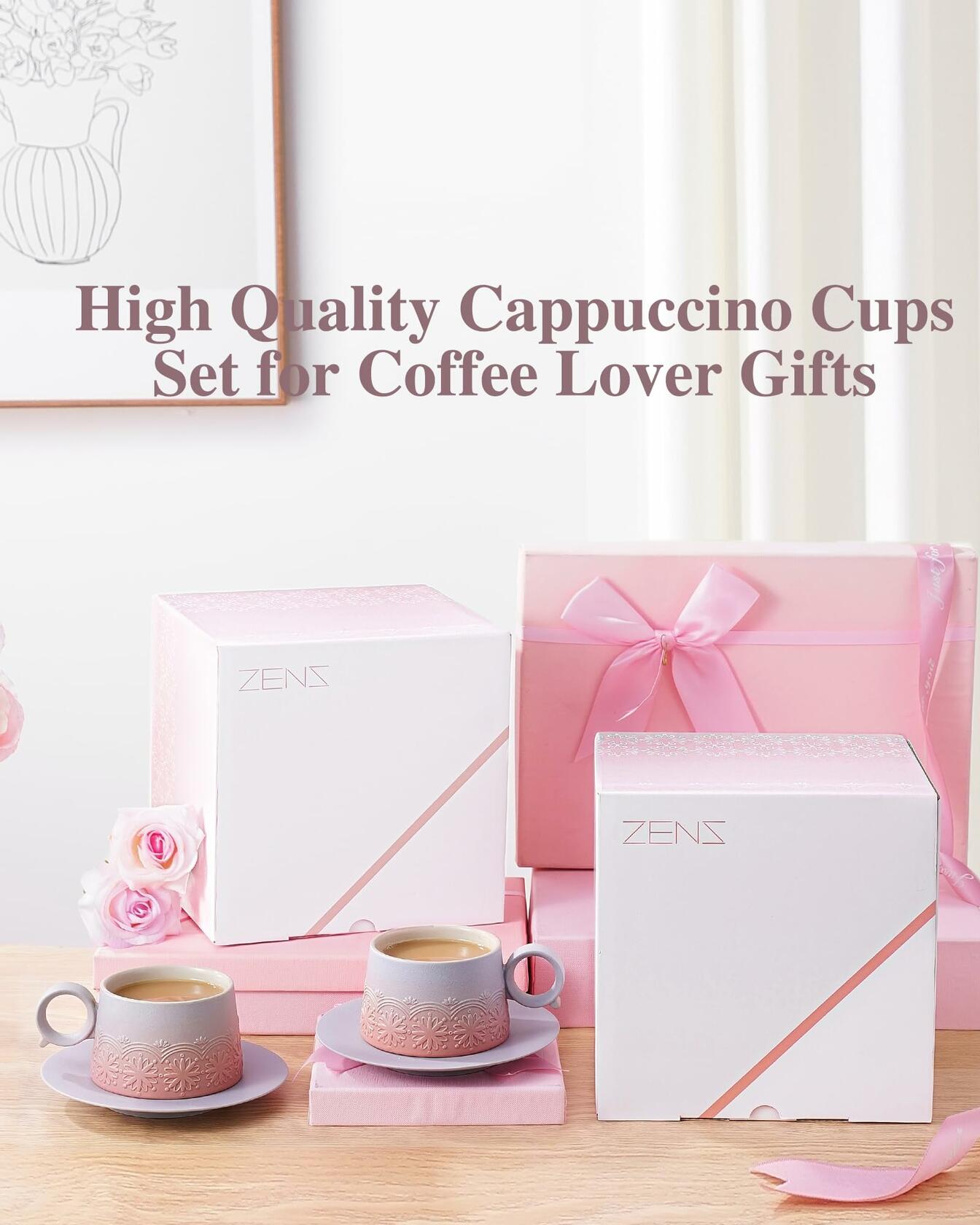 ZENS Ceramic Cappuccino Cups Set 2 Grey Pink 7.3oz Embossed Ceramic