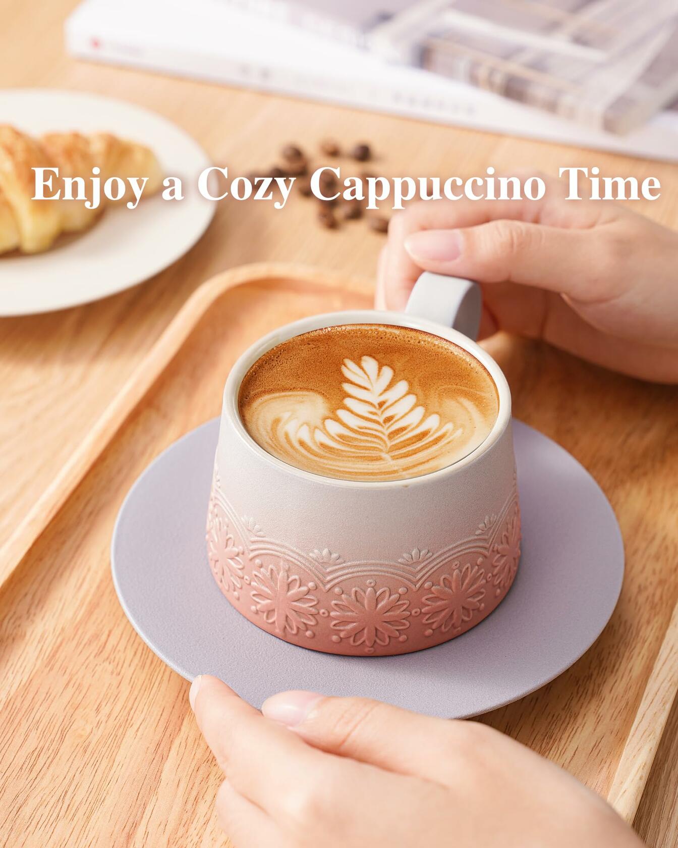 ZENS Ceramic Cappuccino Cups Set 2 Grey Pink 7.3oz Embossed Ceramic