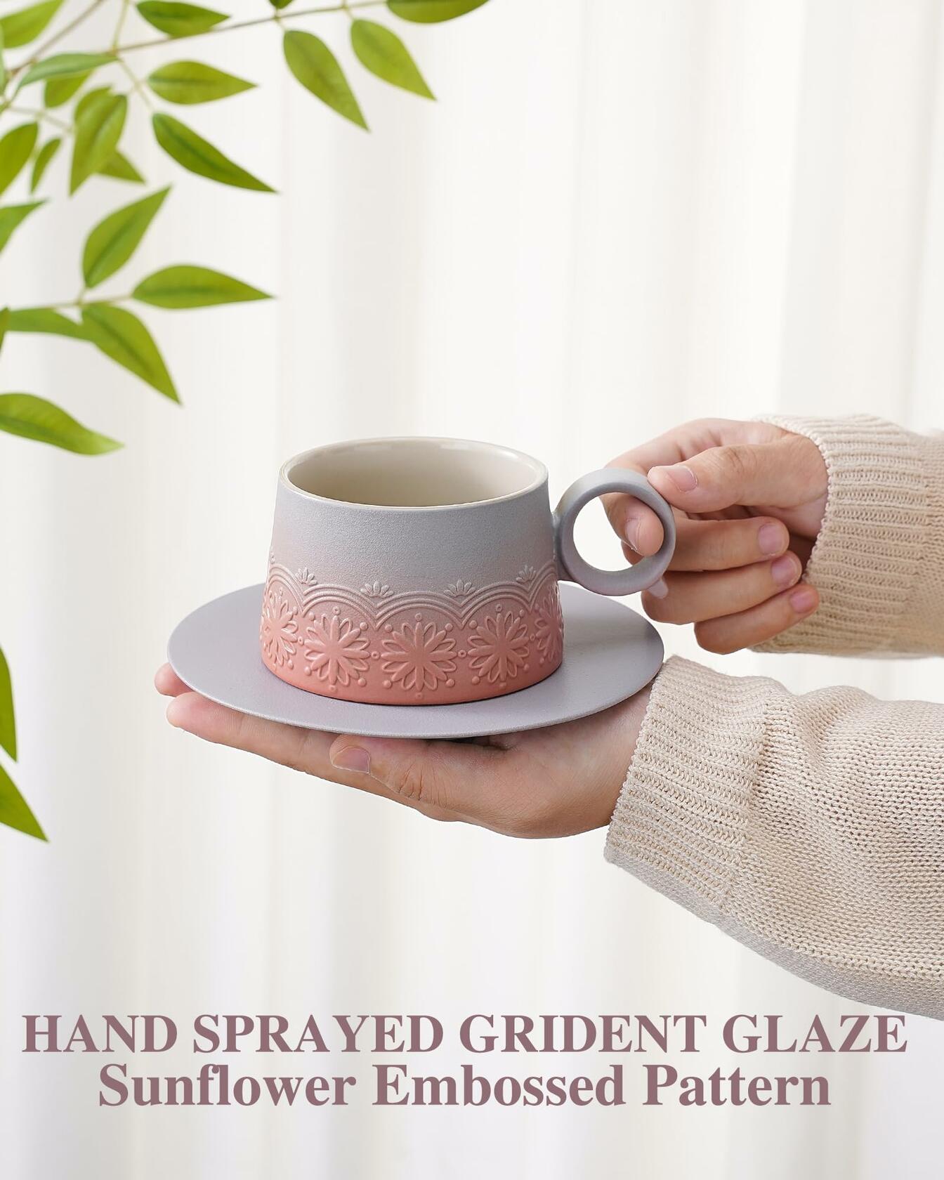 ZENS Ceramic Cappuccino Cups Set 2 Grey Pink 7.3oz Embossed Ceramic