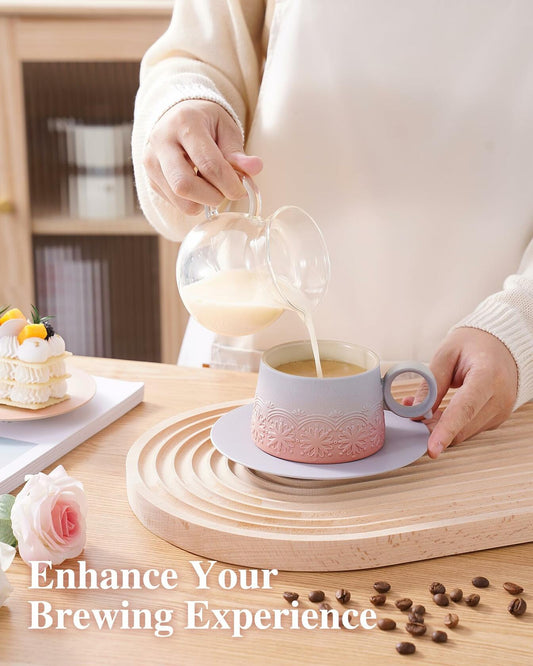 ZENS Ceramic Cappuccino Cups Set 2 Grey Pink 7.3oz Embossed Ceramic