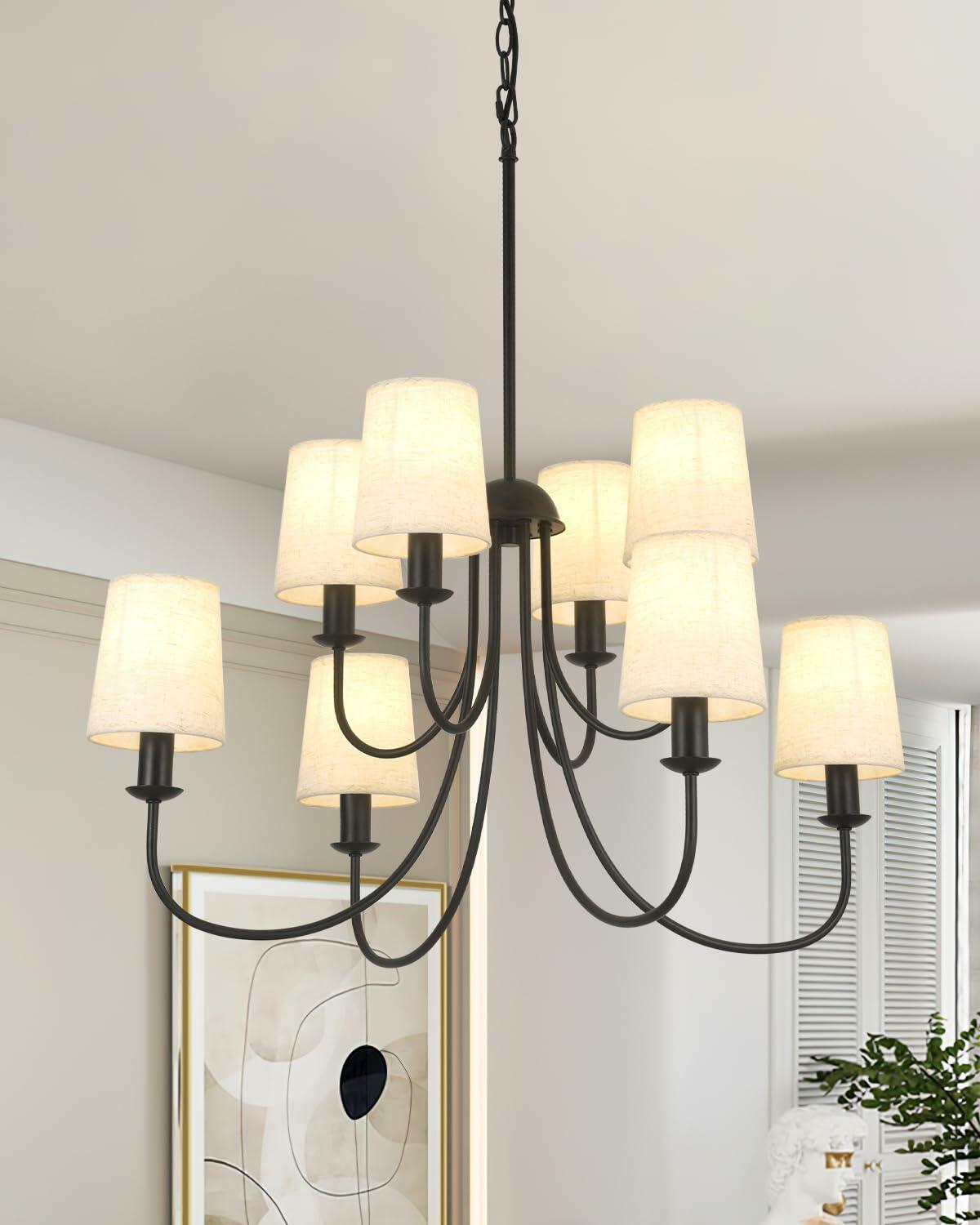 Mieloxiy 8 Light Modern Black Metal Linen Chandelier E12 Bulbs Not Included