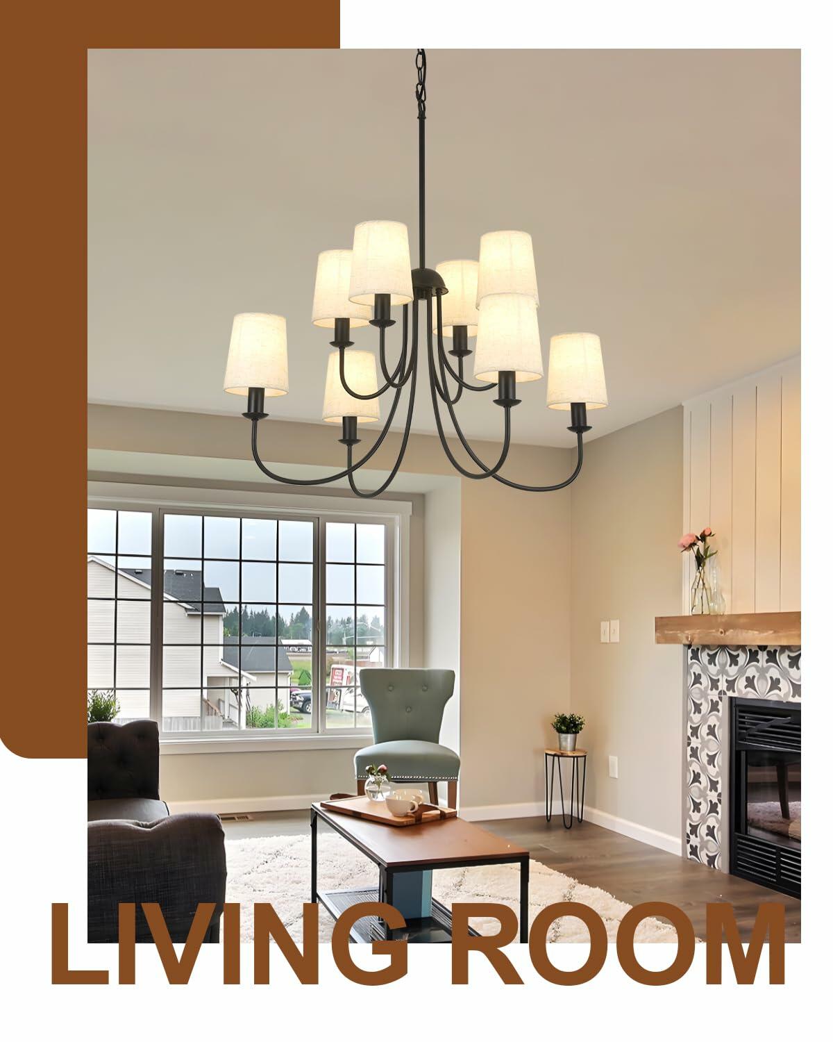 Mieloxiy 8 Light Modern Black Metal Linen Chandelier E12 Bulbs Not Included