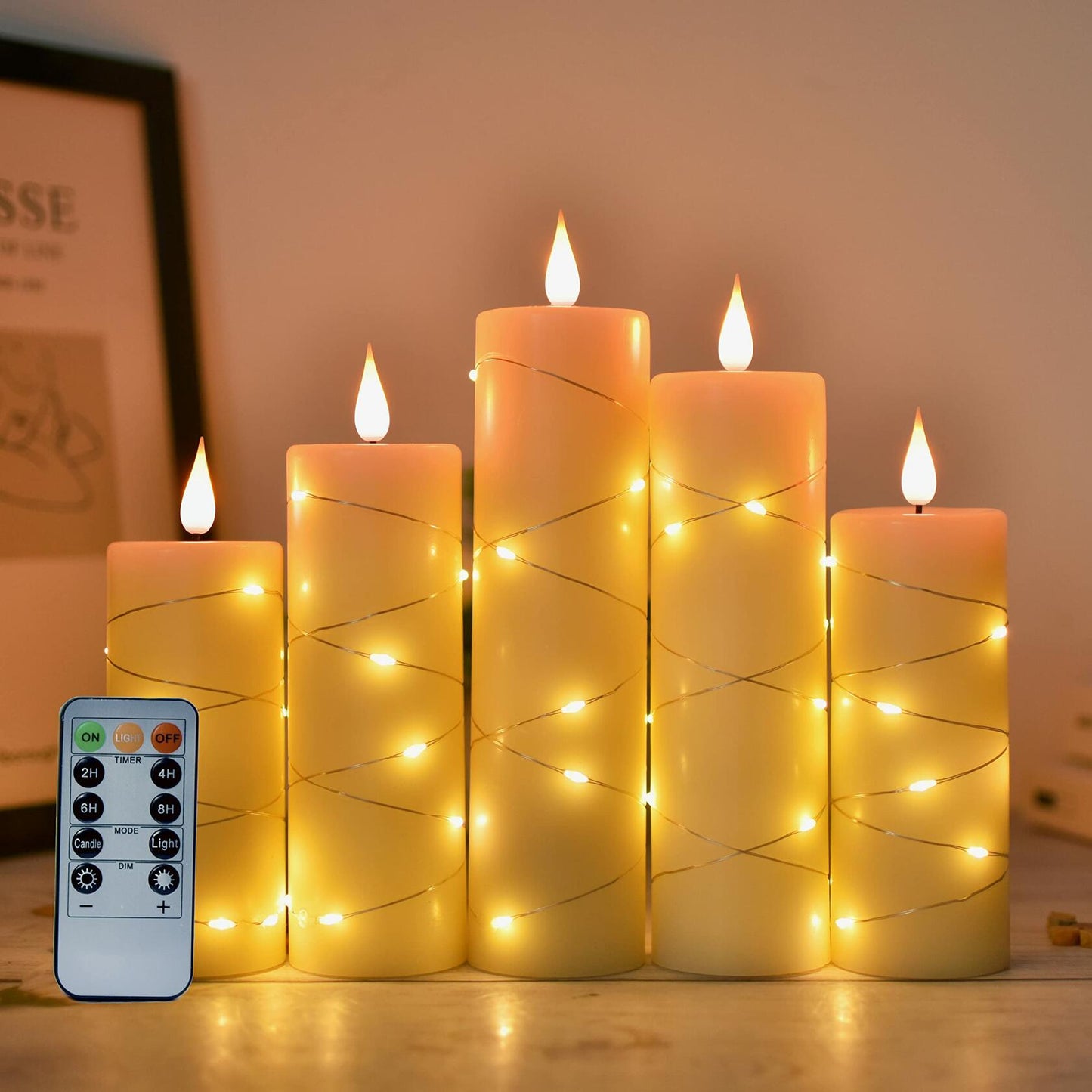 Niceme 5PCS Flameless Pillar Candles with Embedded String Lights Ivory