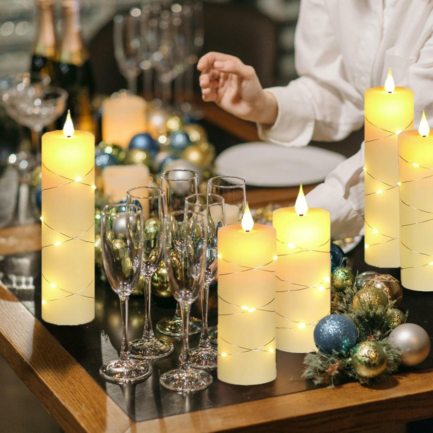 Niceme 5PCS Flameless Pillar Candles with Embedded String Lights Ivory