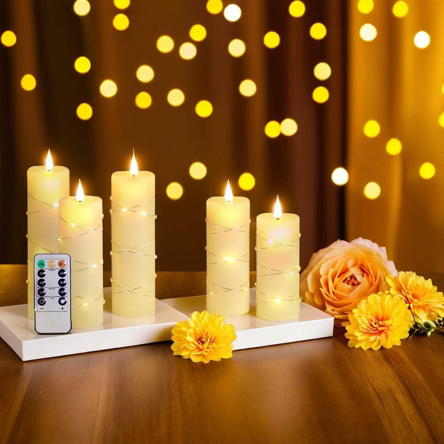 Niceme 5PCS Flameless Pillar Candles with Embedded String Lights Ivory