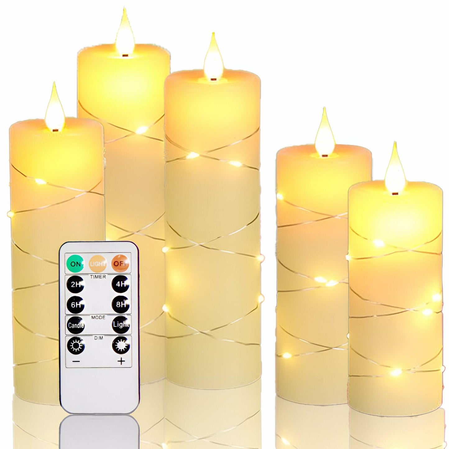 Niceme 5PCS Flameless Pillar Candles with Embedded String Lights Ivory