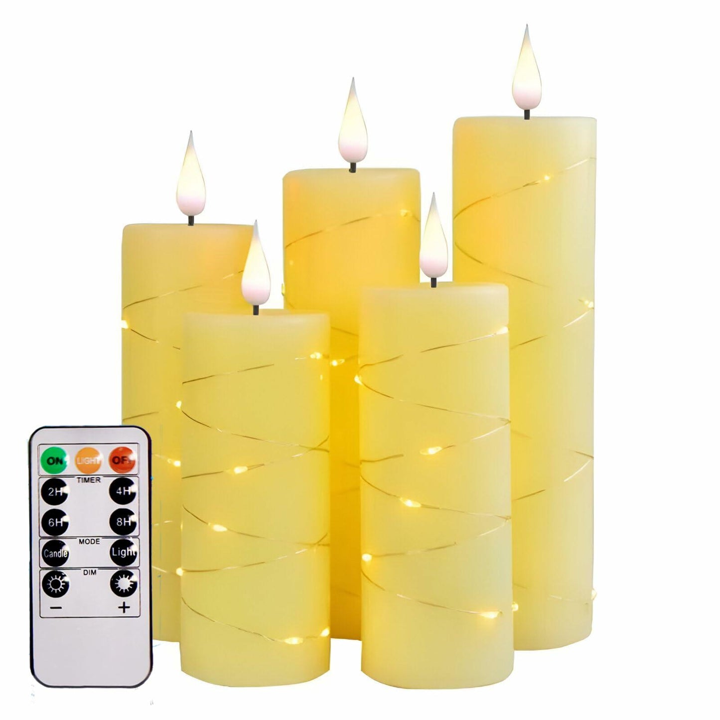 Niceme 5PCS Flameless Pillar Candles with Embedded String Lights Ivory