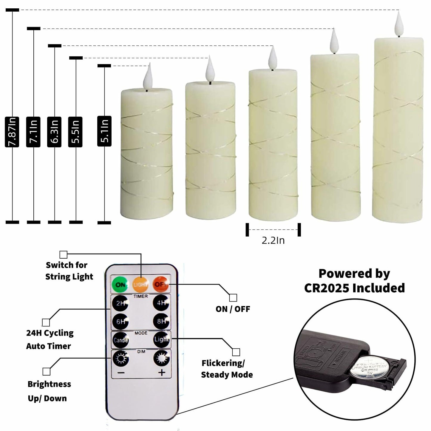 Niceme 5PCS Flameless Pillar Candles with Embedded String Lights Ivory