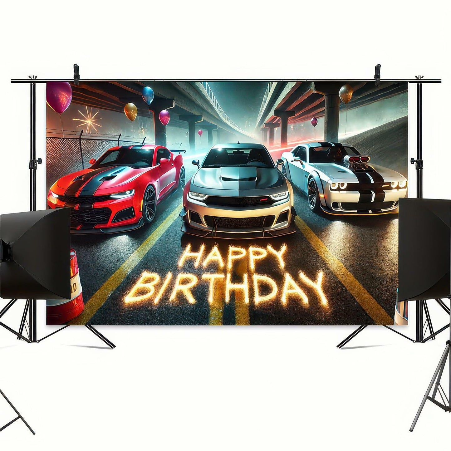 BlissYard Race Car Birthday Backdrop 70x43 Inch Boys Racing Banner