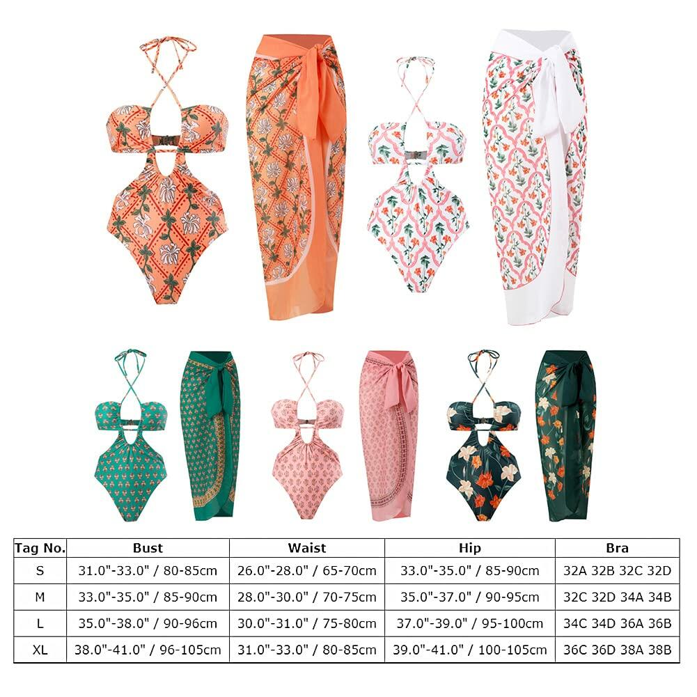 Hawaiian One Piece Swimsuit & Cover Up Wrap Skirt Set Halter Green Size L