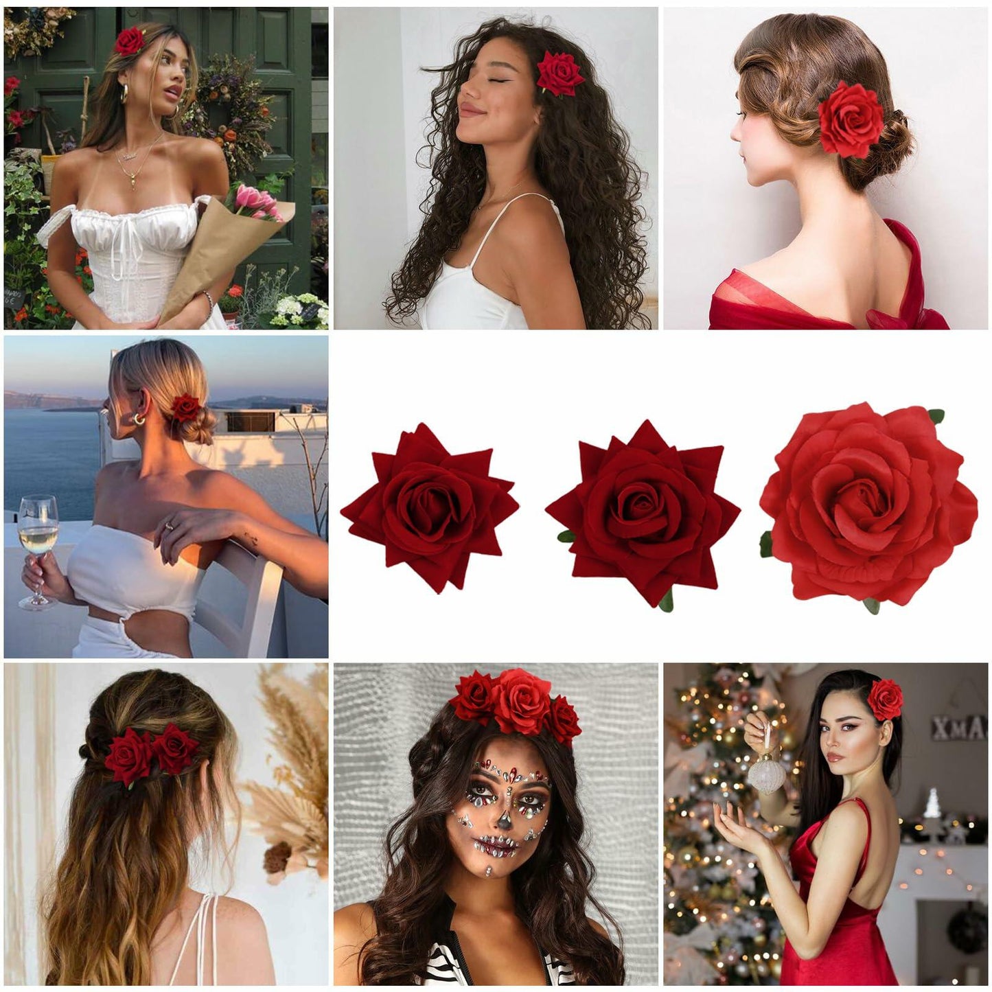 6Pcs Red Rose Hair Clips Artificial Flower Hair Accessories Flamenco